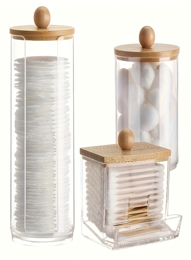 Soko 3 PC set Qtip Holder with Bamboo Lids | Clear Cotton Swab Storage Dispenser Jar | Makeup Vanity Countertop Cosmetic Organizer | Bathroom Canister Accessories for Ball, Round Pads, Floss, Earbud - Image 1